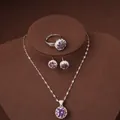 Parure de bijoux élégante en argent avec pendentif zircon violet boucles et bague - Ensemble Collier Boucles d'Oreilles Et Bague / Argent-Violet