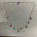 Colorful flower and ladybug charm necklace in polished silver finish for spring vacations - Choker Necklace / Silver - Rainbow