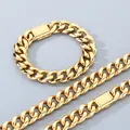 Conjunto de pulsera y collar de cadena cubana en acero inoxidable dorado pulido - 15mm Dorado - Pulsera 19cm