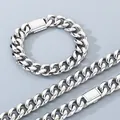 Conjunto de pulsera y collar de eslabones cubanos de acero inoxidable pulido en plata - Pulsera 19CM / 15mm / Color acero
