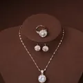 Elegant 3-piece silver jewelry set with round zircon necklace, ring and earrings - Necklace Earrings And Ring / Silver-White