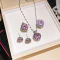 Elegant pink zircon jewelry set including necklace, ring and earrings in a cream gift box - Necklace Earrings And Ring / Silver-Purple