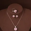 Pink zircon round necklace earrings and ring jewelry set in silver finish - Necklace Earrings And Ring / Silver-Pink