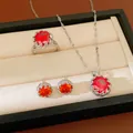 Elegant red zircon jewelry set with necklace ring and stud earrings in silver finish - Necklace Earrings And Ring / Silver-Orange