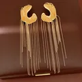 Close-up of elegant gold irregular earrings with long bead chain tassels - Gold