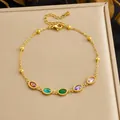 Gold-plated anklet featuring five colorful oval zircon stones and delicate bead chain - Five-Color Oval Rhinestone (B2155) / Gold