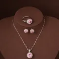 Exquisite purple zircon jewelry set with necklace, earrings and ring in silver finish - Necklace Earrings And Ring Set / Silver-Pink