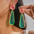 Close-up of vintage resin drop earrings with pink and green translucent stones - Waterdrop Vintage Patchwork Style / One Pair / Pink-Green