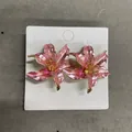Elegant French style pink iris flower enamel stud earrings with gold edges on white display card - 3D Iris Flower (Silver Post) / Pink