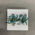 Elegant teal blue French style iris flower metal stud earrings with gold centers - 3D Iris Flower (Silver Post) / Blue