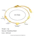 Detailed dimensions for heart charm bracelet in 18K gold plated stainless steel - Hollow Heart Minimalist Bracelet (B0754)