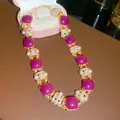 Vintage gold plated necklace featuring fuchsia square resin stones with pearls and crystals - Necklace / Purple (Gold Base)