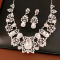 Parure de bijoux élégante avec fleur en argent et strass goutte d'eau, collier et boucles. - Ensemble Collier Et Boucles d'Oreilles / Argent