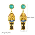 Detailed view of gold plated Egyptian Pharaoh earrings with turquoise studs and dimensions - E6296