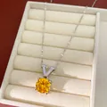 Elegant silver V-letter pendant necklace with round yellow zircon gemstone in beige box - Silver Yellow