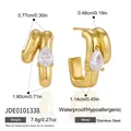 Detailed dimensions of stainless steel gold hoop earrings with teardrop zirconia stone - Water Drop Zirconia C-Shaped Double Layer Earrings (JDE0101338) / Gold