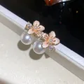 Elegant French style 18k gold plated camellia flower earrings with pearls and zircons - Pink Camellia Style (51#) / Gold