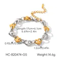 Macro detail of a two-tone stainless steel heart bracelet with size measurements - Heart Chain Style / 17+6.1cm / Gold and Silver Bicolor (HC-B20474-GS)