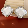 Oversized square crystal stud earrings with silver prong setting in light luxury style - Silver Needle Studs / Silver-Clear