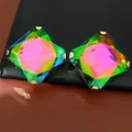 Close-up of square stud earrings with iridescent faceted crystals in gold setting - Silver Needle Studs / Gold-Multicolor