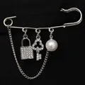 Silver safety pin brooch with crystal lock, key pendants and a white pearl charm - Lock and Key with Pearl (6444) / Silver
