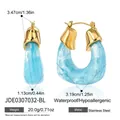 Detailed view of large U-shaped resin and gold-plated stainless steel earrings with measurements - Blue