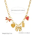 Gold-plated link chain necklace featuring dragonfly, heart and enamel bow pendants. - N4281