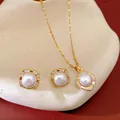 Detailed view of elegant square zircon pearl necklace and stud earrings set - Necklace & Earrings (2-Piece Ensemble) / Gold-White
