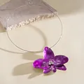Detail of a purple floral choker necklace with sparkly rhinestones and silver band. - Choker (HN11956) / Purple