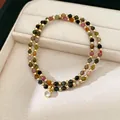 Detailed view of 18k gold plated bracelet with multi-color beads and zircon charm - 18K Gold Plated Double Layered Beaded Style / Colorful
