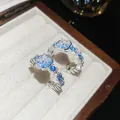 Detailed macro shot of C-shaped hoop earrings featuring blue and clear zircon stones - Silver Needle Studs / Silver-Blue