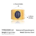 Detailed view of the gold stainless steel wide ring with size and material specifications - Blue Stone (YYR023085-LA)