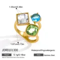 Detailed view of 18k gold plated stainless steel ring with colorful zircon and dimensions - Gold Three-Stone Stackable Geometric Ring (JDR0101300)