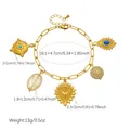 Detail view of vintage gold plated charm bracelet with heart and floral pendants with dimensions - B2145