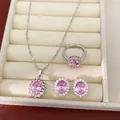 Parure de bijoux élégante en argent avec cristaux roses ovales et design halo en zircon brillant - Ensemble de bijoux / Argent-Rose