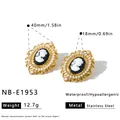 Macro detail of oval cameo earrings with pearls and gold stainless steel frame - Oval Cameo Portrait Stud Earrings (NB-E1953)