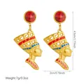 Detailed dimension view of retro Nefertiti portrait gold-plated earrings with red accents - E6297
