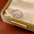 Detailed view of geometric hollow 18k gold plated ring set with sparkling cubic zirconia - Geometric Hollow Style (HR3325) / Silver