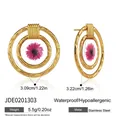 Detailed view of gold stainless steel hoop earrings with pink dried flower and measurements - Double Ring Round (JDE0201303) / Gold - Pink Flower