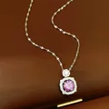 Detail shot of purple zircon pendant necklace with silver frame on leather background - Purple Main Stone (HN11761)