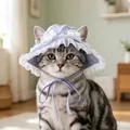 Blue and white striped pet baseball cap with lace trim and 3D floral accents - S / Blue (TB15402)