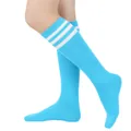 Vibrant blue knee-high socks featuring three classic white stripes and ribbed texture - One Size / Light Sapphire Blue with White Stripes