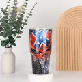 Detailed view of 30oz stainless steel tumbler with skull and flame pattern on wooden decor - 30oz