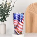 Detail of 30oz tumbler with American flag design and clear lid on a white display stand - 30oz / USA Flag