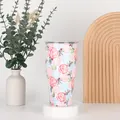 Detailed close-up of 30oz insulated travel tumbler with floral rose patterns and clear lid - 30oz
