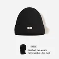 Detail of black dual-use knit balaclava beanie with woven label and mask function - Black