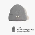 Grey ribbed knit balaclava showing transition from beanie to full face mask - Gray