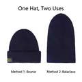 Deep blue knit balaclava showing two ways to wear as a beanie and full face mask - Navy Blue