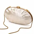 Elegant pearlescent white acrylic shell clutch bag with gold metal trim and snake chain - Champagne