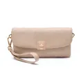 Close-up of a beige PU leather clutch with wrinkled texture and gold leaf pendant buckle - Pleated Texture Style / Apricot